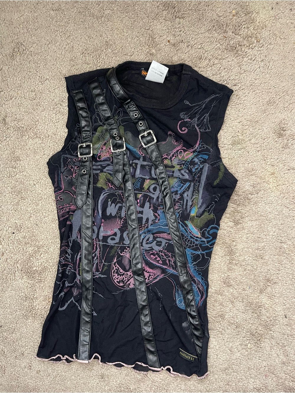 Parasuco Black Graphic Tank with Faux Leather Buckle Straps